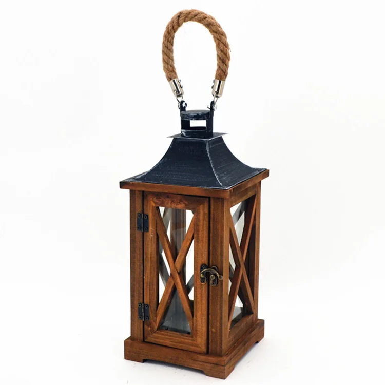 Hot Selling Fancy Style Home And Garden Wood Glass Lantern For Candle With Stainless Steel Top