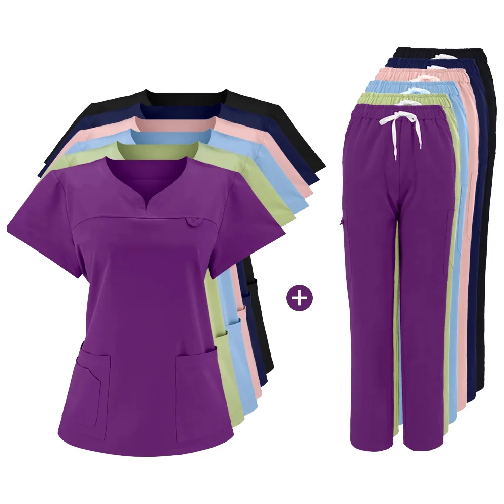 Brand NEW Slim fitting elasticity scrubs sets Operating Room Medical Uniform scrubs uniform nurse women Solid color Surgery Suit
