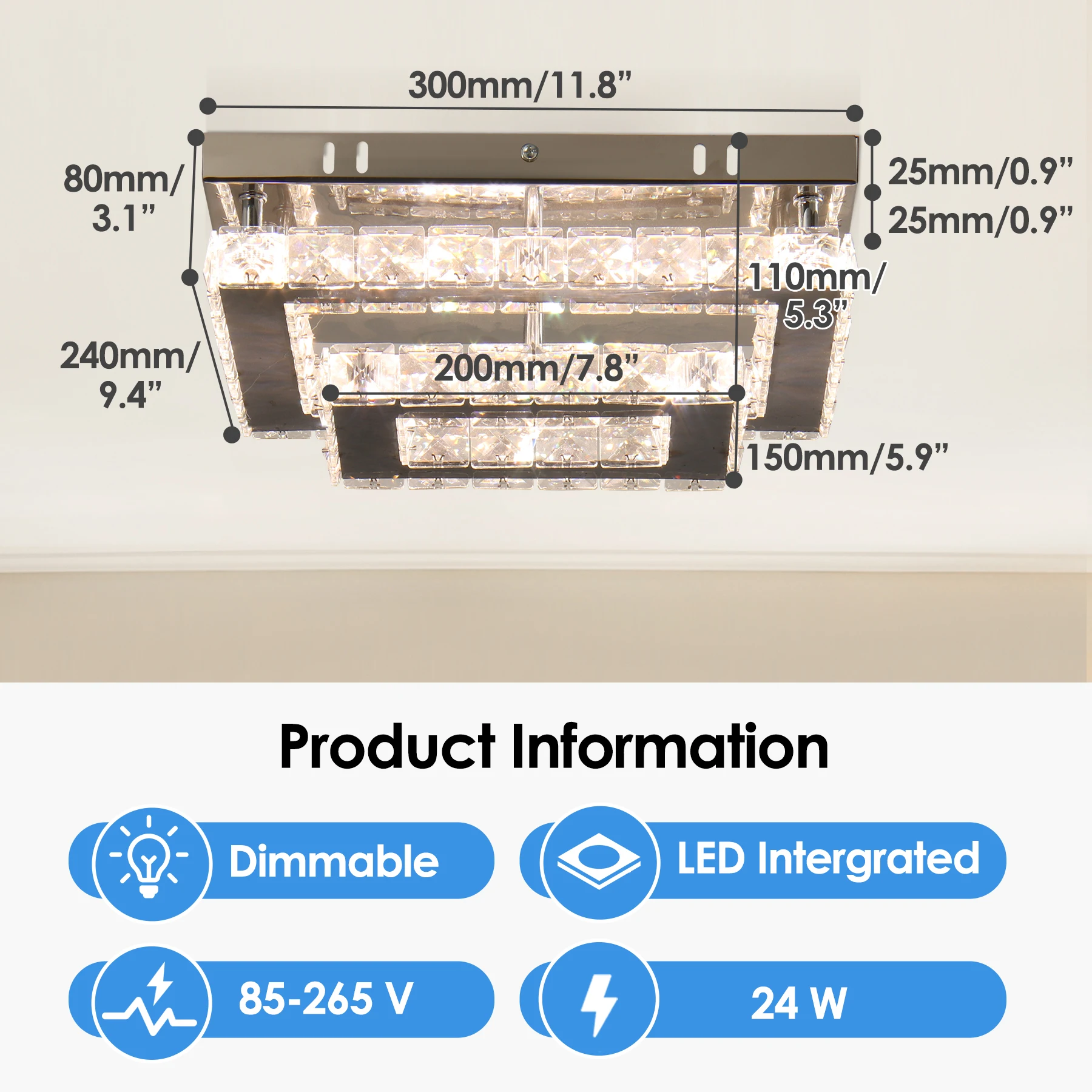 Dimmable Rectangular LED Crystal Ceiling Light  Double Layer Flush Mount Chandelier lamp Fixtures for Living Room Dining Room
