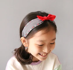 Girls Cute checkered pattern embroidered ribbon headband Korea fashion hair accessory