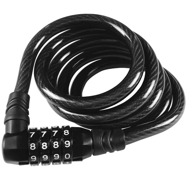 Suitable for two-wheeled vehicle, this is a patented bicycle cable lock with 4 digit resettable combination and made in Taiwan