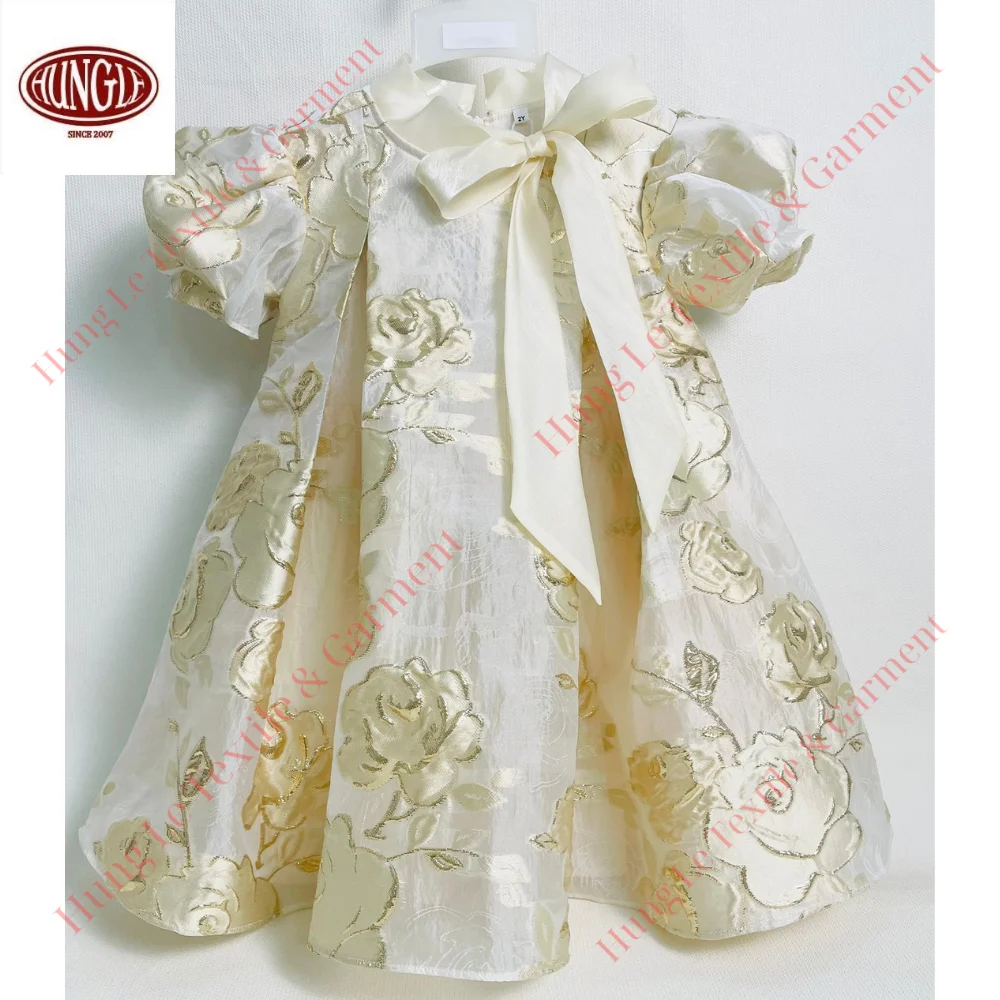 Wholesale Royal Style Elegant Princess Dress for Children Floral Decorated Layered Chiffon Short Sleeve Formal for Summer