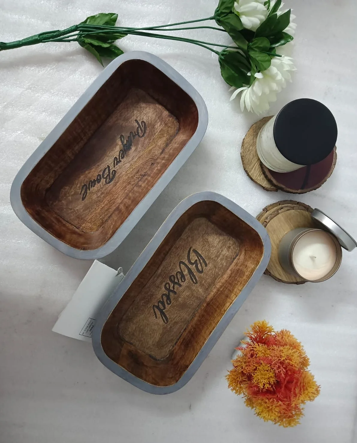 Natural grey stain Unique Halloween decorative creative hand-carved wood handicrafts antique vintage luxury candle box with lid