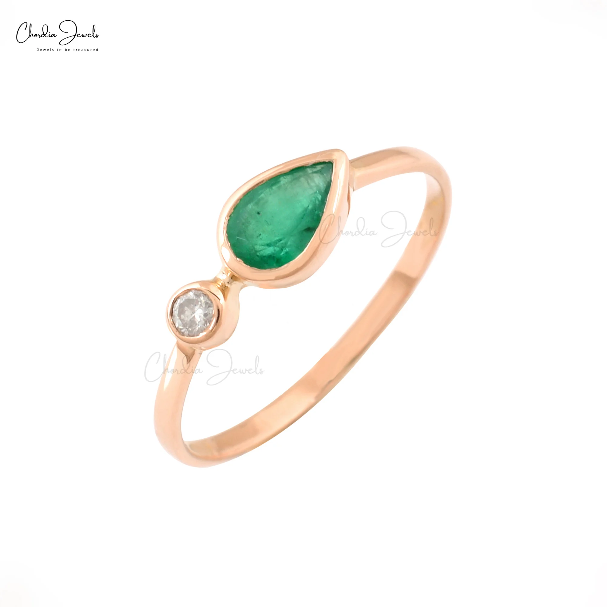 Top Wholesale Supplier 6x4mm Green Emerald Gemstone Bezel Set Ring With G-H Quality Diamond 14k Rose Gold Wholesale Fine Jewelry