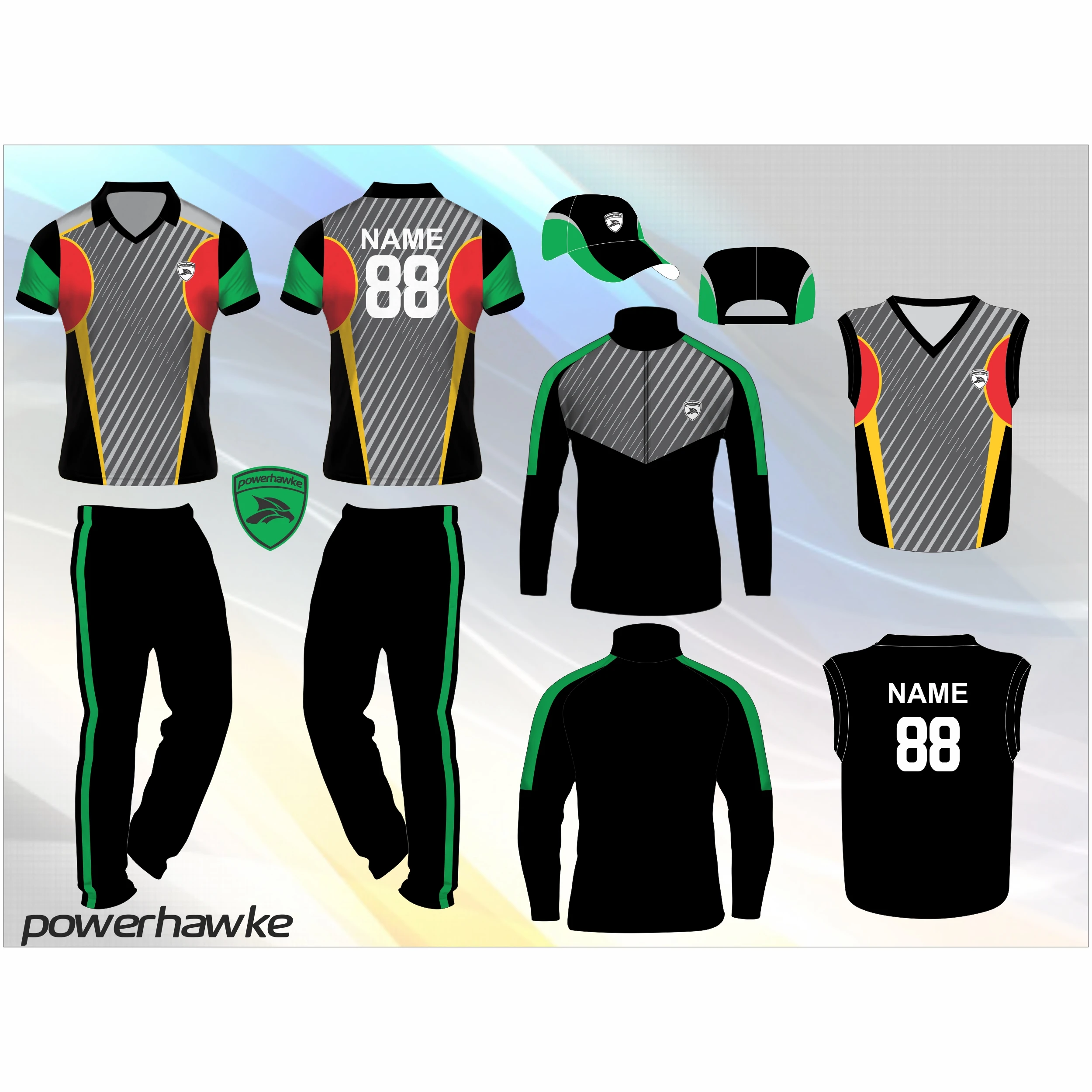 New Top Designs of Powerhawke Full Cricket Jersey Set 2022 available in Different Sizes and also with Customization Feature