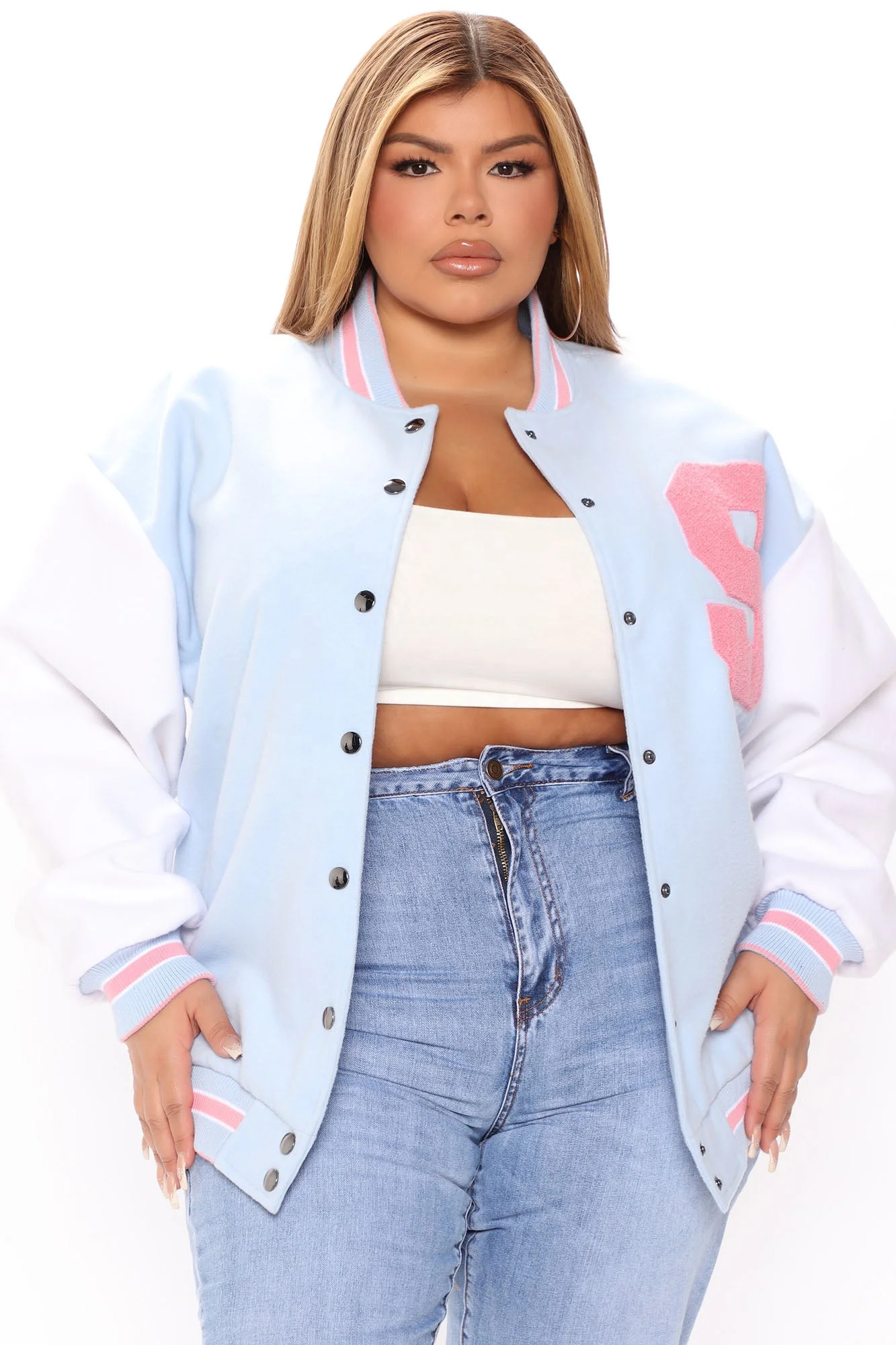 Low MOQ New Arrivals Spring Letters Woman Baseball Jacket Long Coat Casual Pink Varsity Jackets sky Letterman Jacket for Women