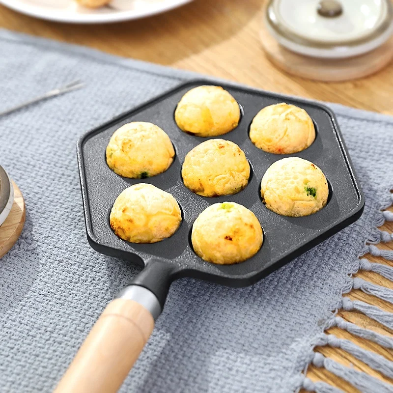 7 Molds Cast Iron Takoyaki Maker Skillet Octopus Meat Ball Mold Nonstick Baking Tray for Octopus Balls