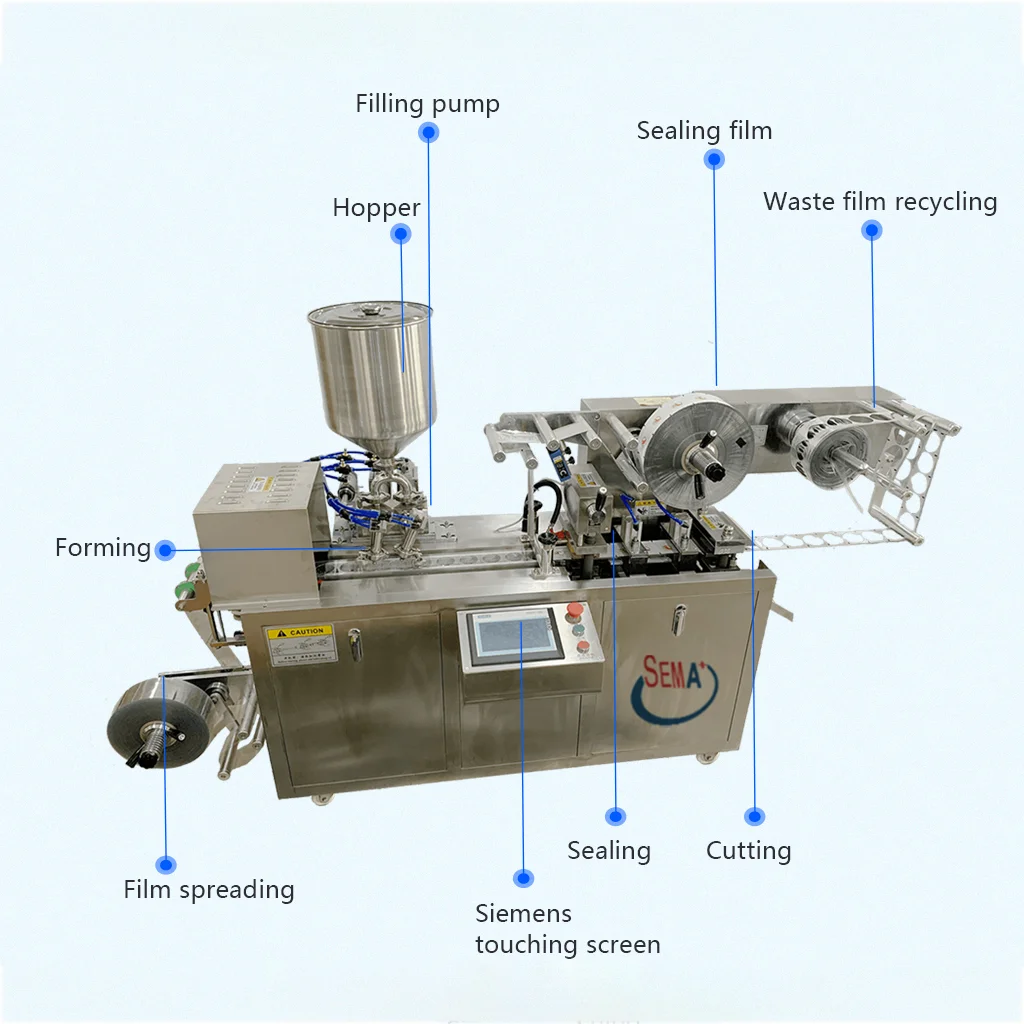 Plc Control Automatic Butter Chocolate Sauce Honey Jam Masala Liquid Blister Thermoforming Filling Sealing Packing Machine