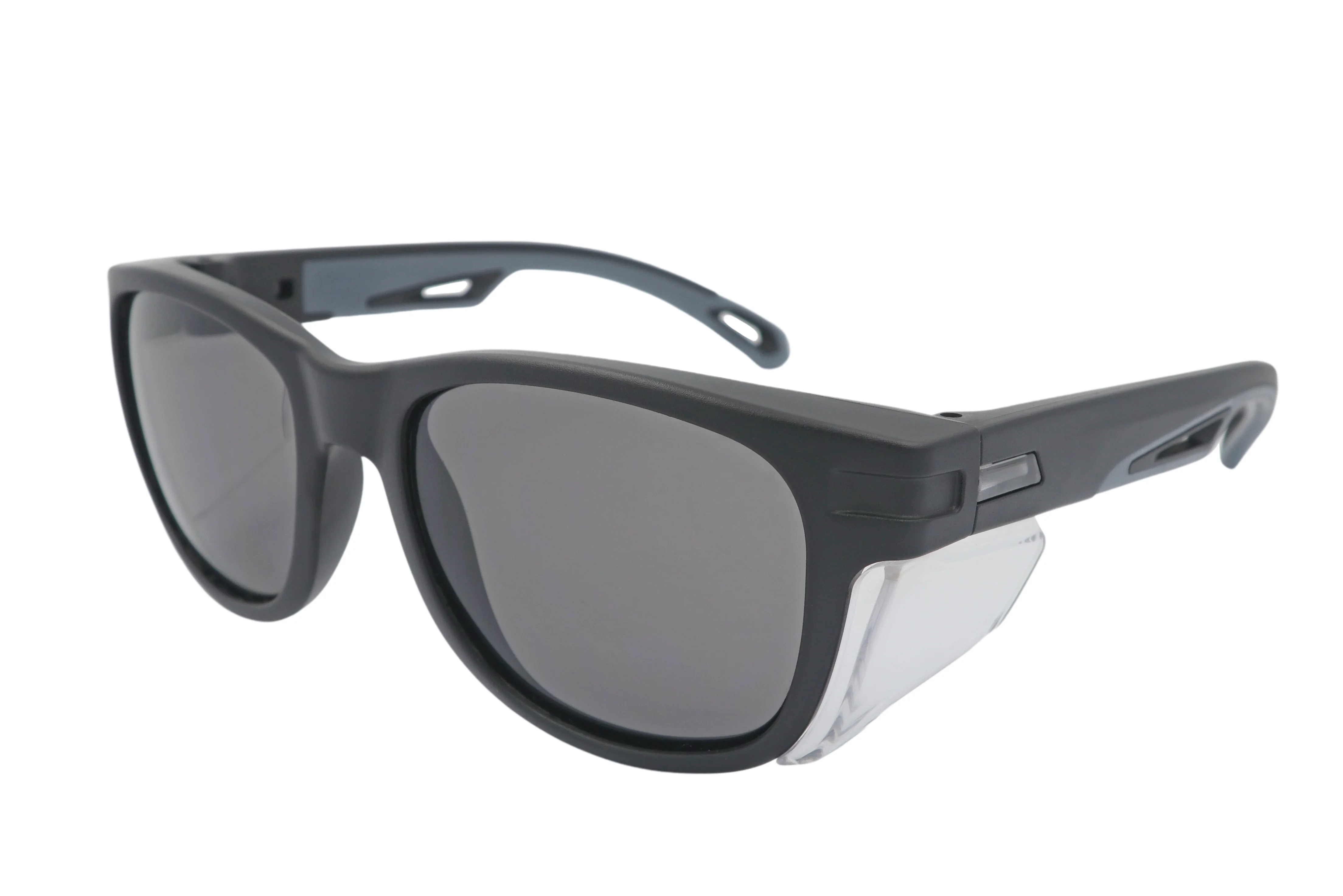 ANSI Z87.1 safety glasses with removable side shields and co-injected temples integrated nose pads for industrial