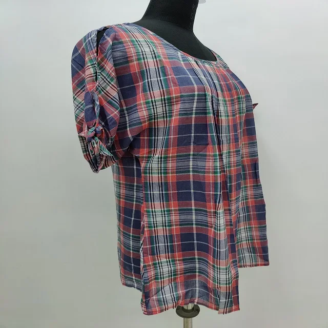 BEST QUALITY INDIAN HOT SELLING  CASUAL COTTON LADIES BLOUSE IN Y/DYED VOILE CHECKS MANUFACTURER SUPPLIER FROM INDIA