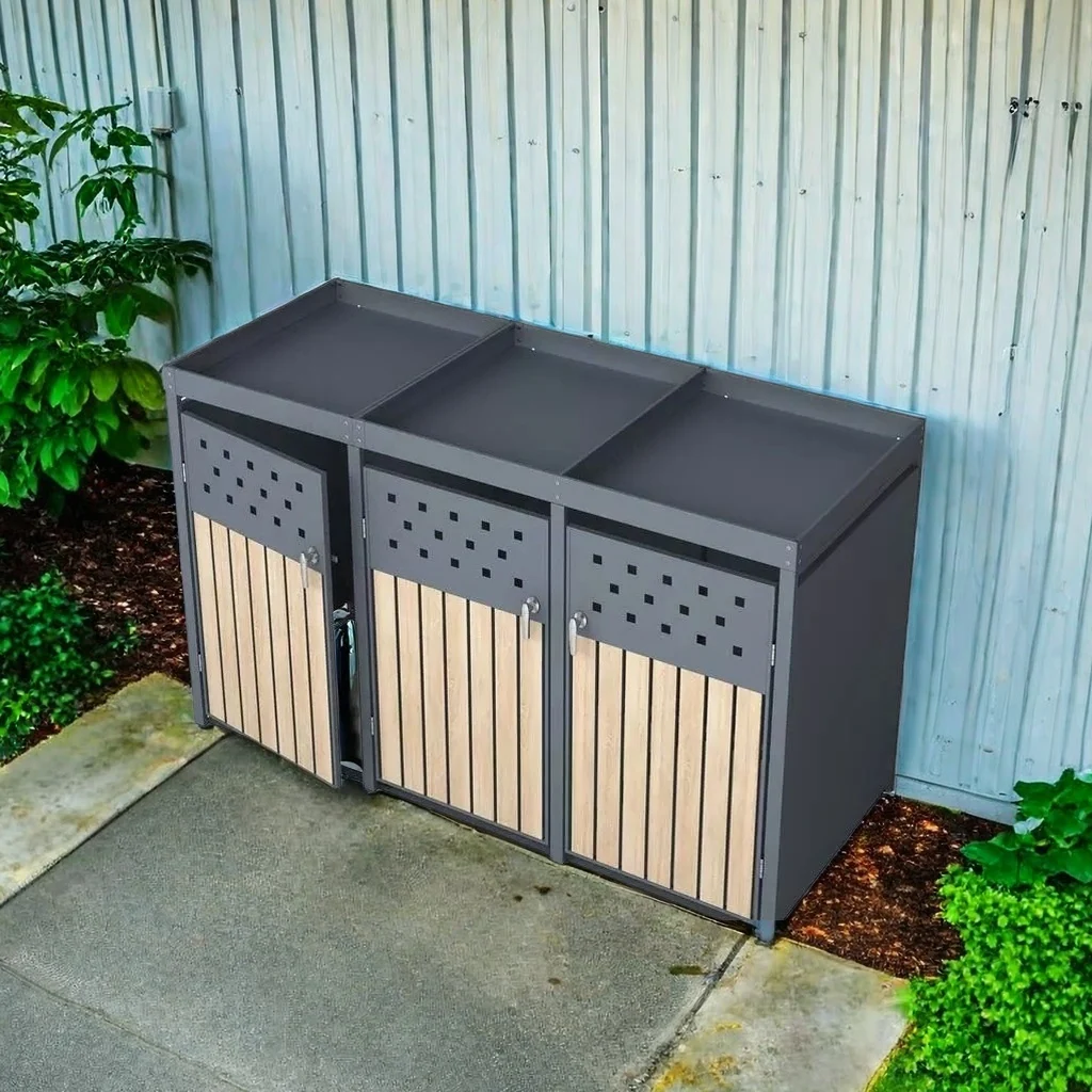 Commercial outdoor metal and wooden trash receptacles outdoor park community bin storage with ashtray on top for sale