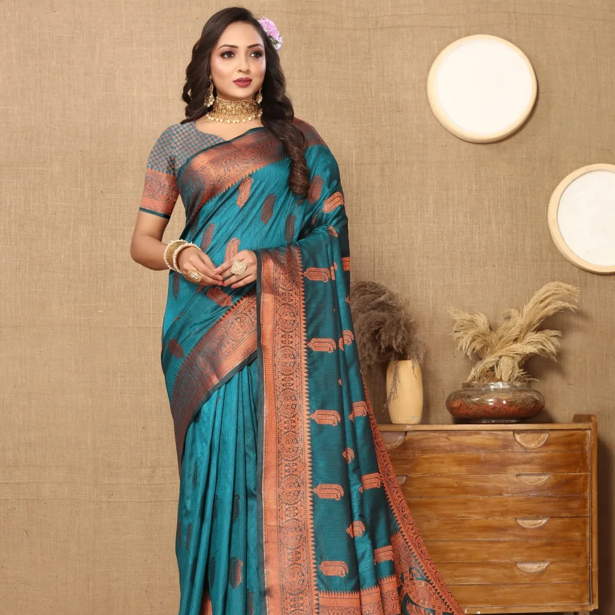 Saree Soft silk saree with Copper Zari  weawing designs and Zari  weawing Rich pallu with Zari weawing border