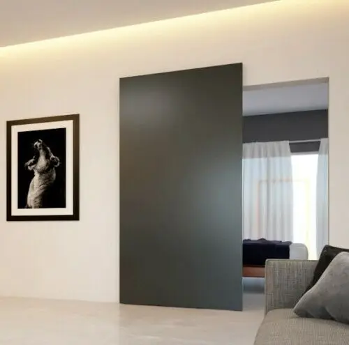 Wall Mount Concealed Sliding Door Hardware Engineered Wood Ghost Door With Rail System Frameless Wood Floating Door System