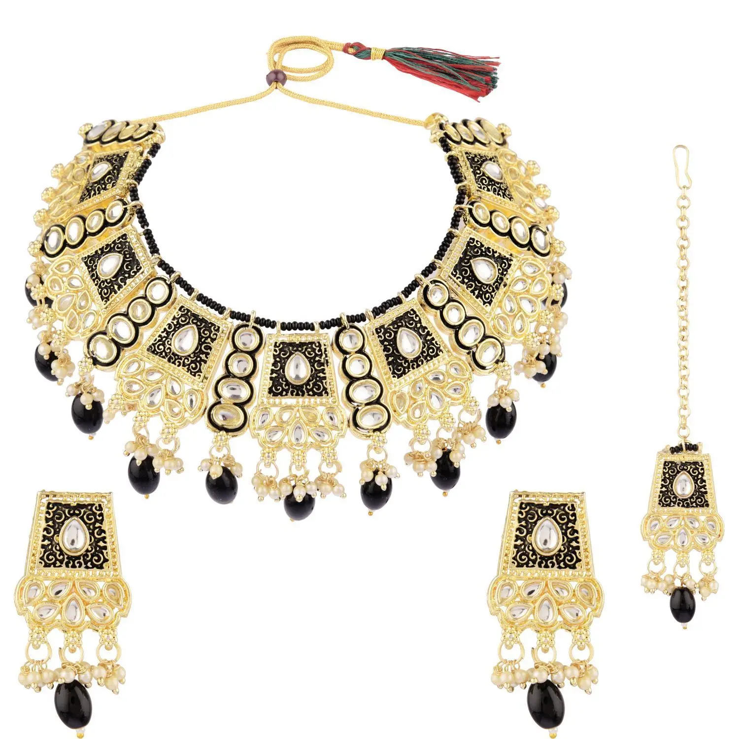 Wholesale Manufacture Enamel Jewelry Set Faux Pearl Crystal Enamel Choker Necklace Set For Women, Black