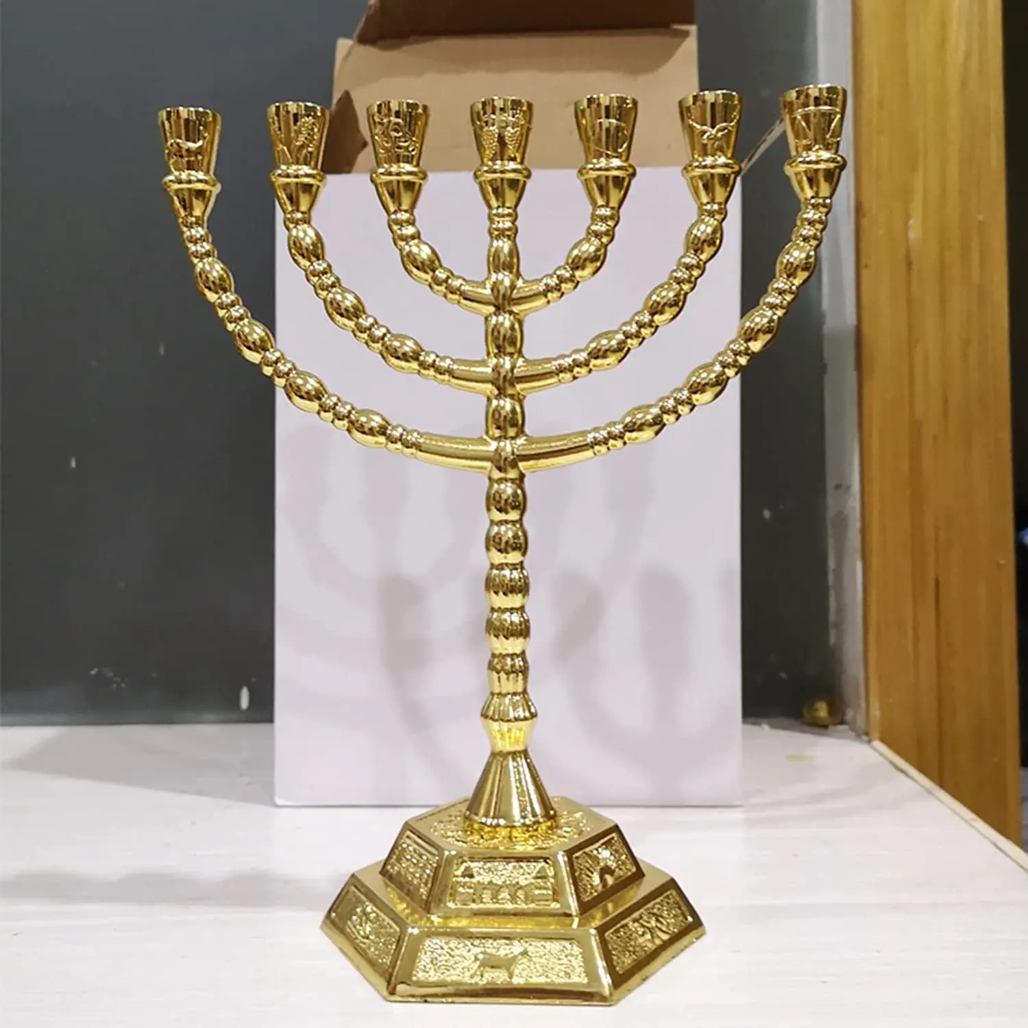 Антикварные еврейские свечи Menorah 7 веток 12 племен Израиля Менора блестящие золотые подходят для Sabbath молитвенные уголки