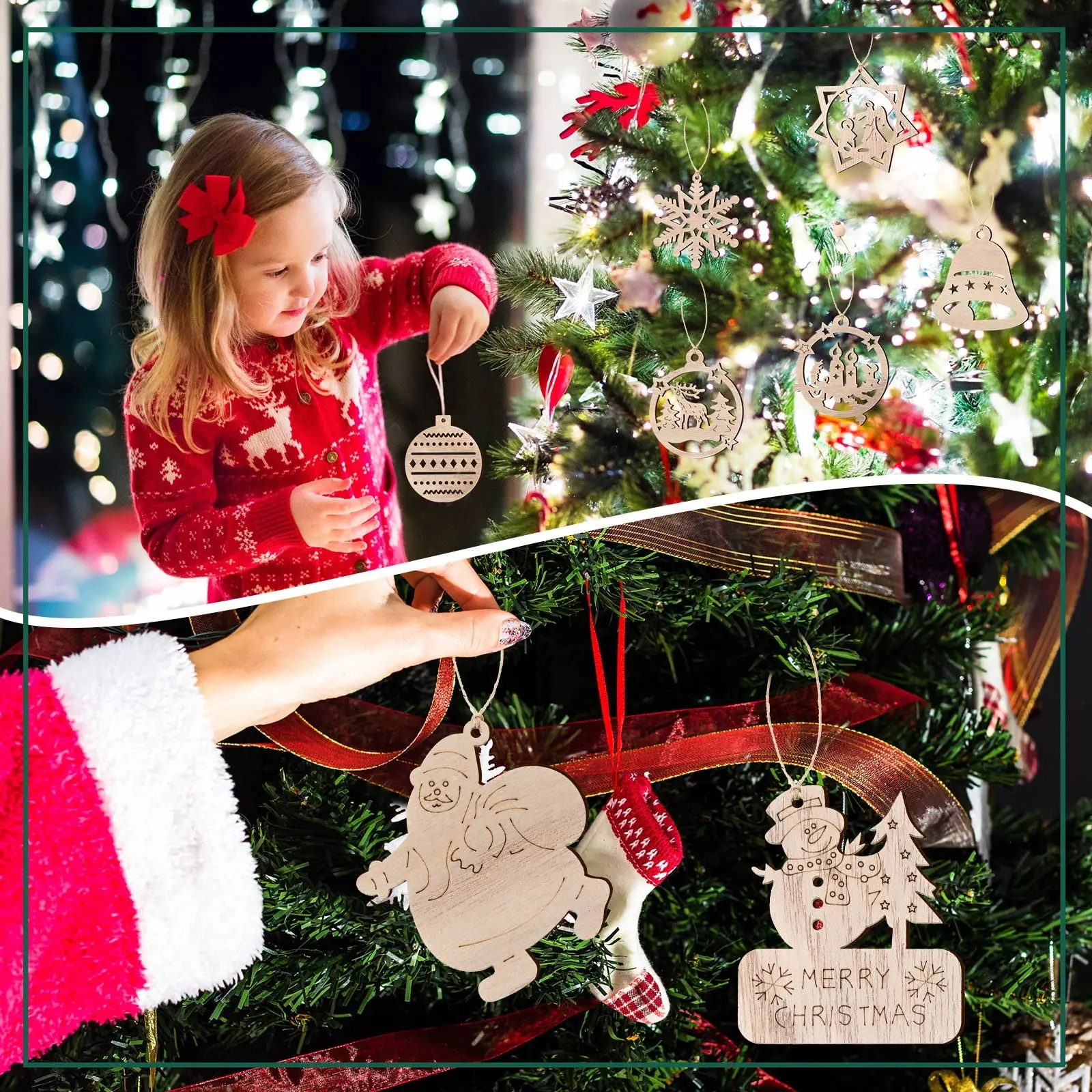 48 PCS Christmas Wooden Ornaments Hanging Ornaments with Beads Wood Snowflakes Crafts  for Christmas Tree Painting DIY Craft