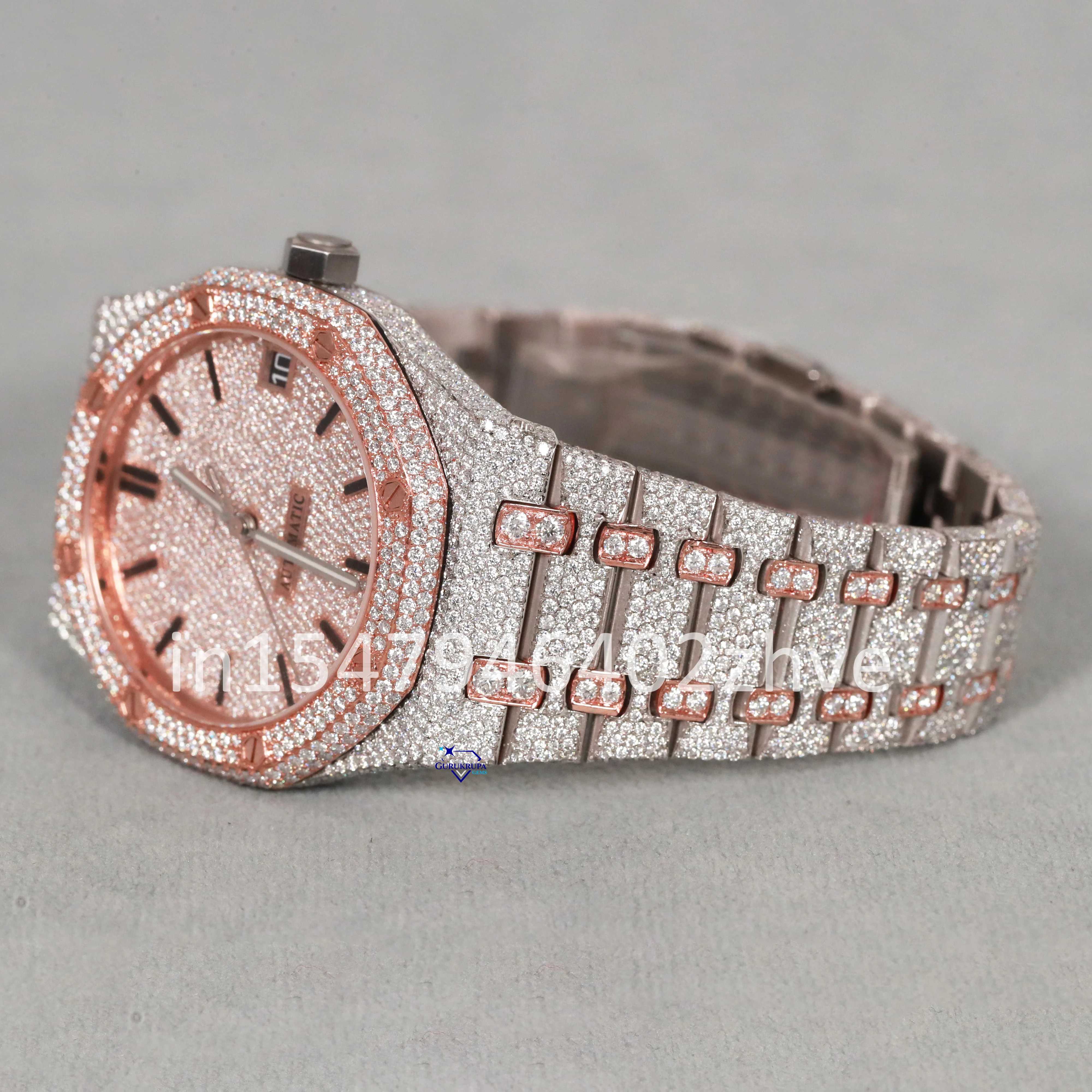 This is a special watch crafted with moissanite diamonds that passes the diamond test and frame of this watch is stainless steel