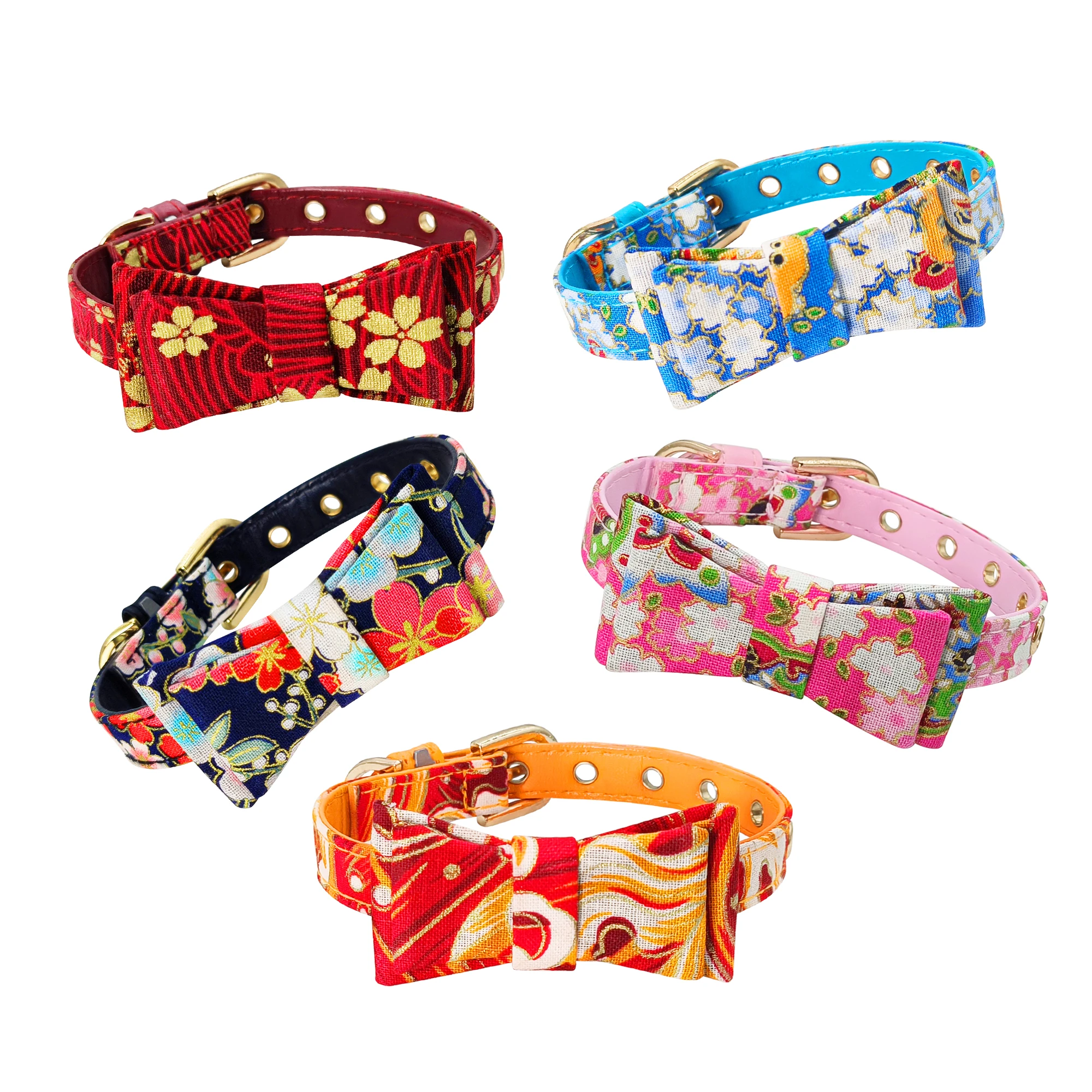 Customized Japanese-style Bowtie Cat Collar with Bell and PU Leather Neck Strap Adjustable Cat Pet Strap Bowknot