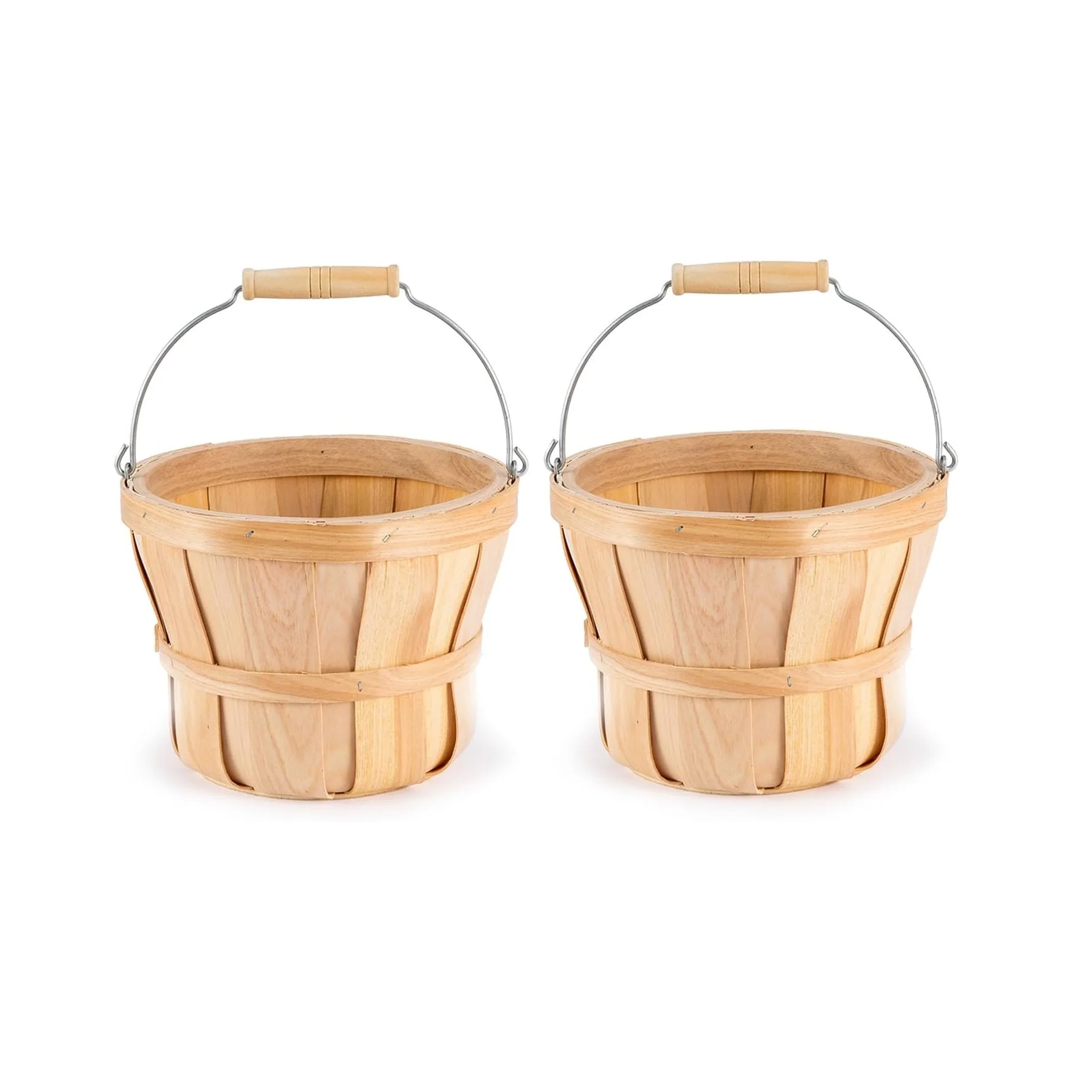 Round Wooden Baskets with Handle Easter Egg Gathering Baskets Natural Rustic Wood Fruit Buckets 4-Quart Farm Harvest Basket,