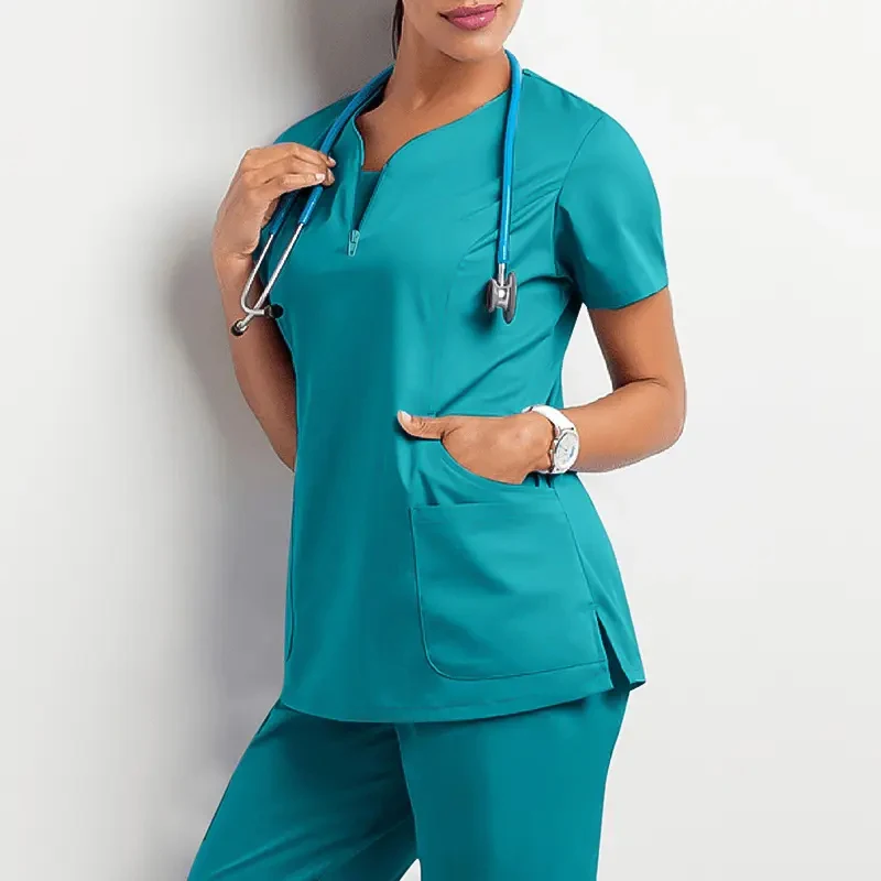 Anti wrinkle washable soft summer medical hospital scrubs nurse uniform v-neck stretchy short long sleeves men women jogger sets