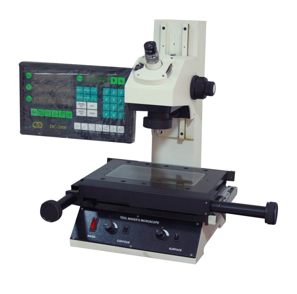 Advanced Toolmaker Microscope with D.R.O. Model RTM-901A Large and Heavy base provided extra overall rigidity to the instrument