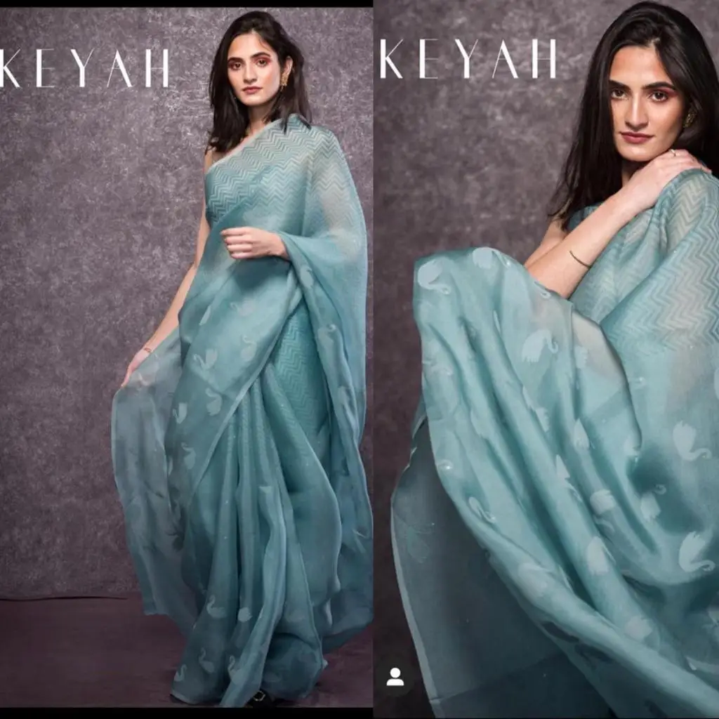 Indian New Designer Style Beautiful Saree on Organza Fabric with Digital Print and Banglory Blouse for Party Wear Fancy Saree