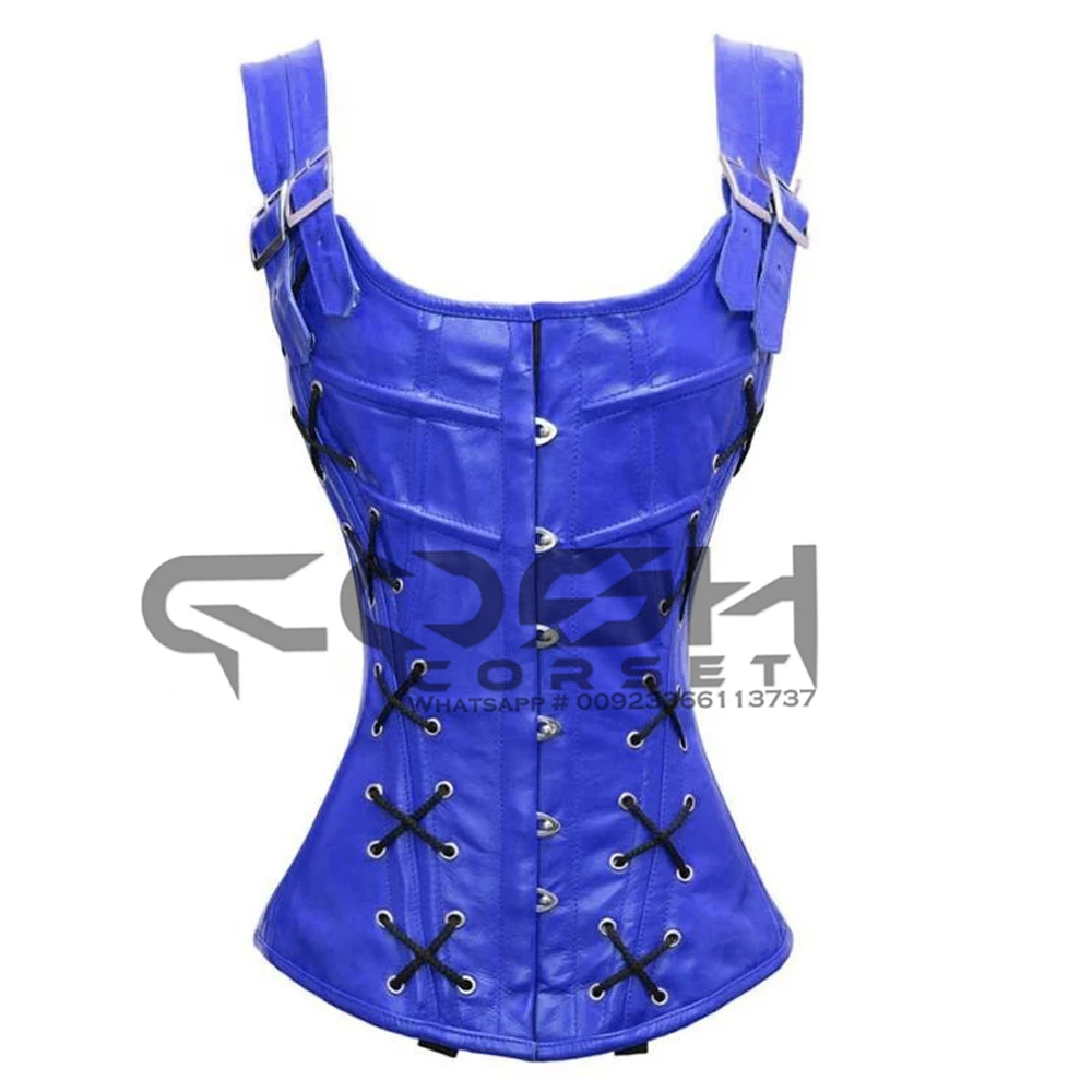 COSH CORSET Overbust Steelboned Blue Leather Corset With Side Laces And Shoulder Straps Customized New Design Plus Size Outfit