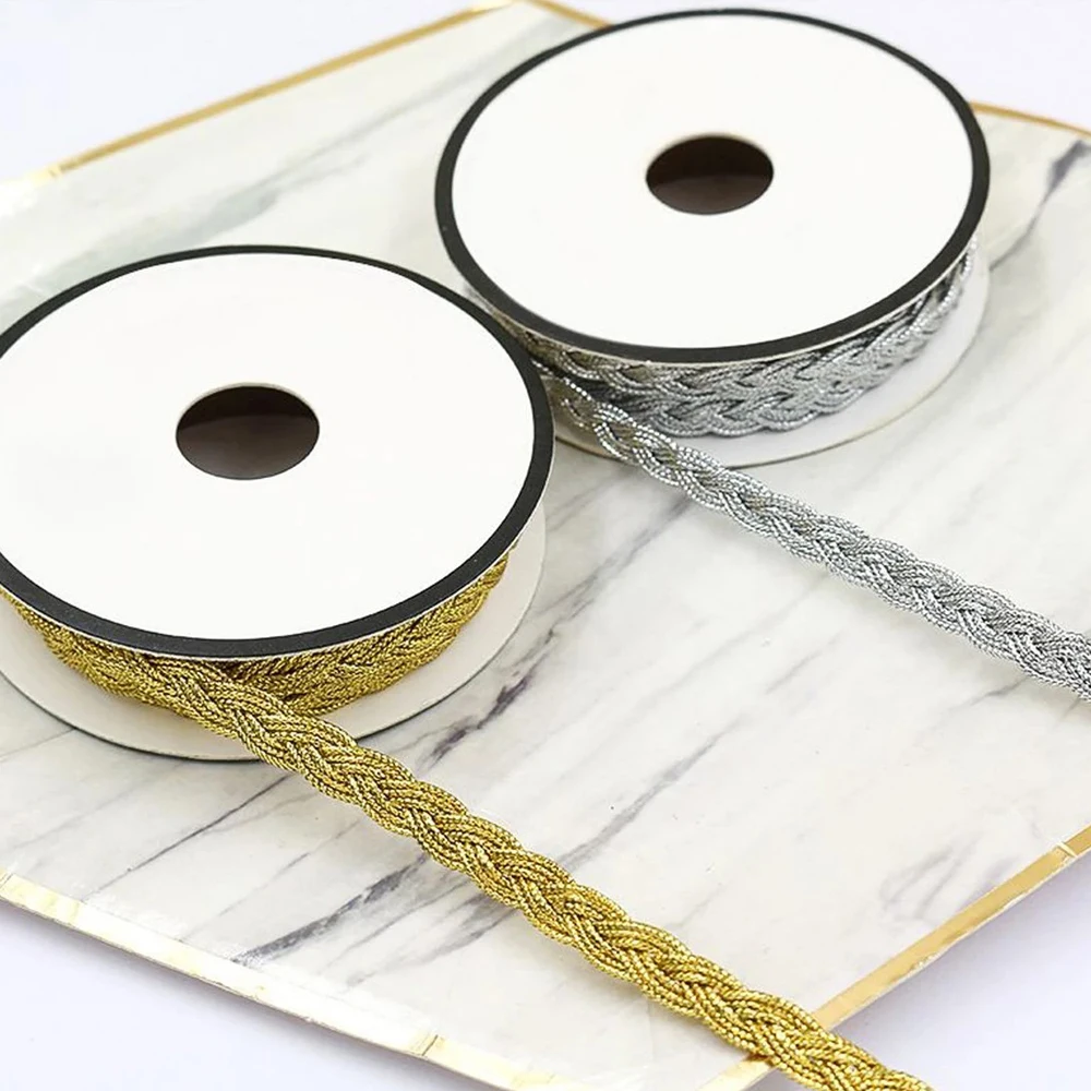 3yds Gold Silver Metallic Wrapped Polyester Ribbon Plaited Narrow Braid Sewing Trim 8mm Width Braided Tape Border