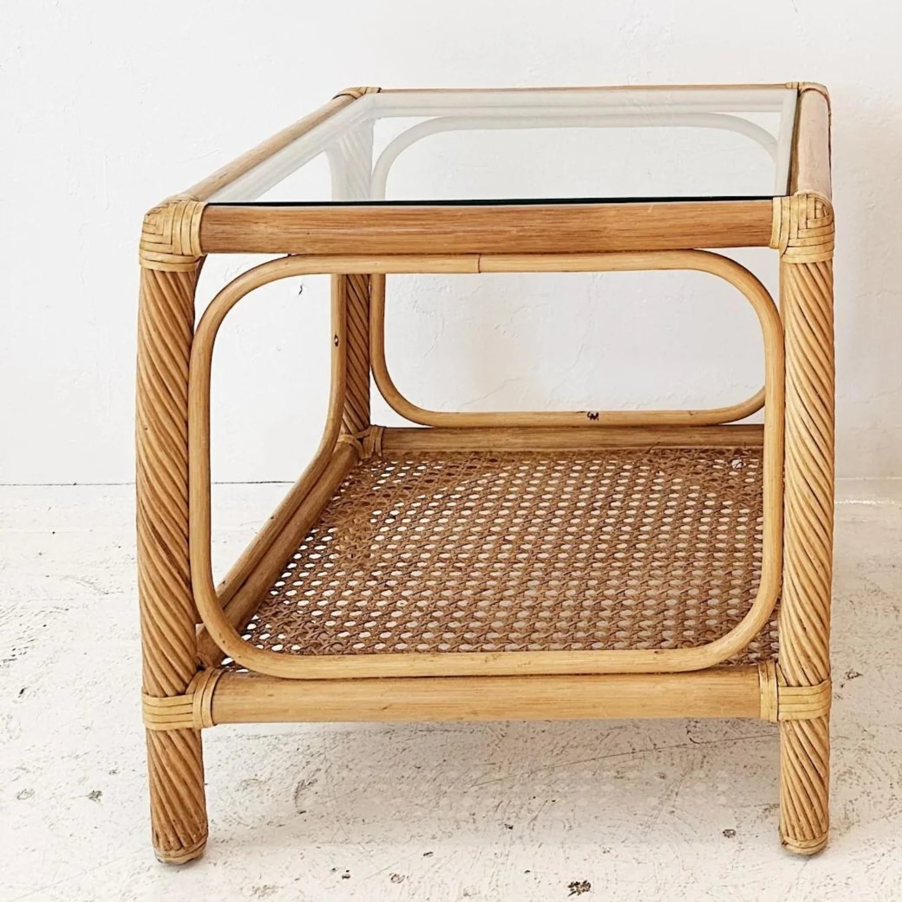 Vintage style glass console table with woven natural rattan bookcase corner table luxury home decoration