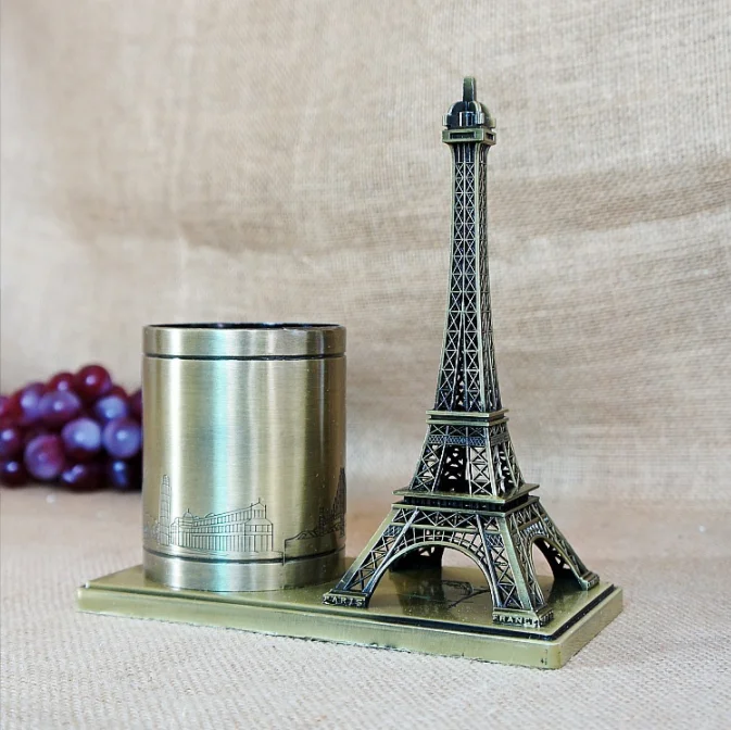 Directly Sale Creative Wrought Paris Eiffel Tower Model Alloy Eiffel Tower Pen Holder for Office Decoration