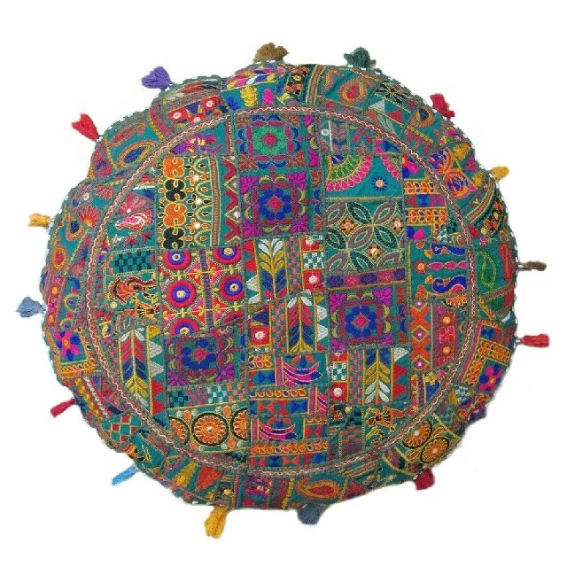 Bohemian Round Patchwork Pillow covers Indian Handmade Hand Embroidered Patchwork Cushion Cover With PomPom Home Decor