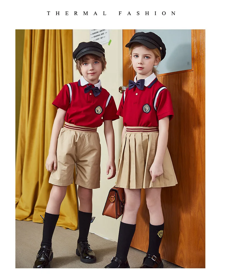 Excellent Quality OEM Supply Breathable Summer Short Sleeve Red Khaki Kindergarten Primary Middle High School Uniform