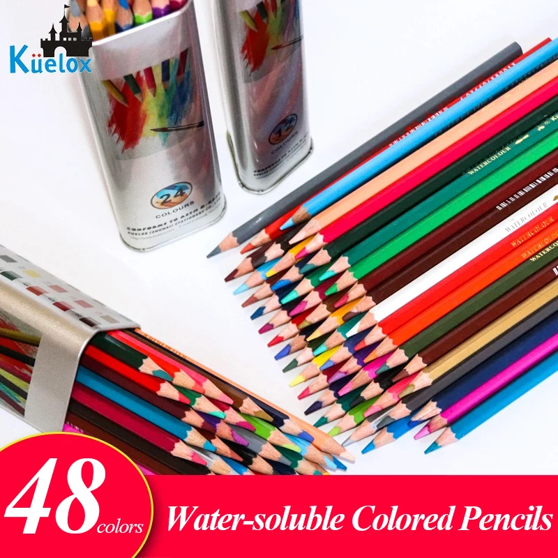 Kuelox 8812 12/24/36/48 colors water soluble colored pencils with triangle metal tube for coloring school art supplies