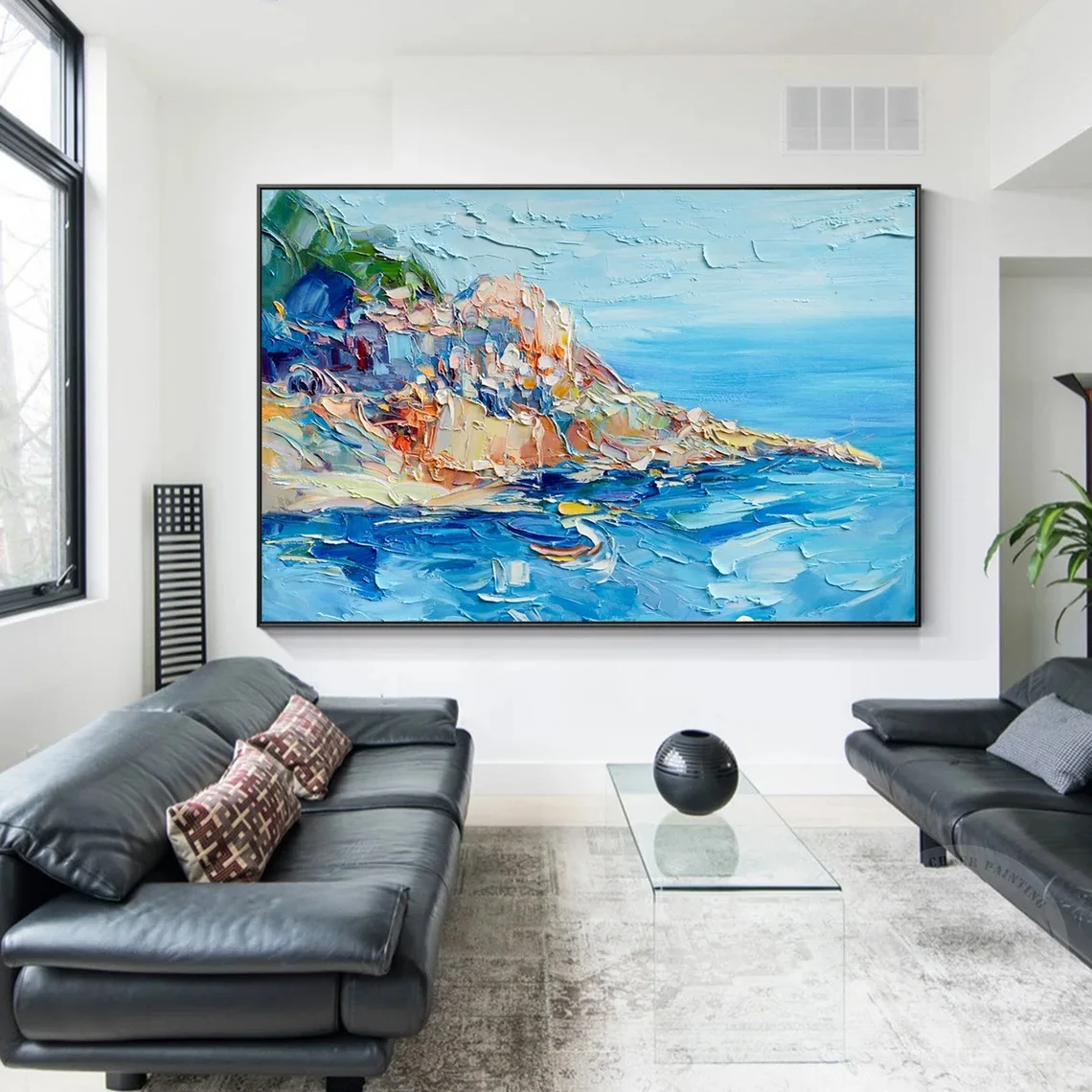 Seascape Knife Heavy Texture Painting Oil Painting Blue Sky Ocean Framed Wall Art