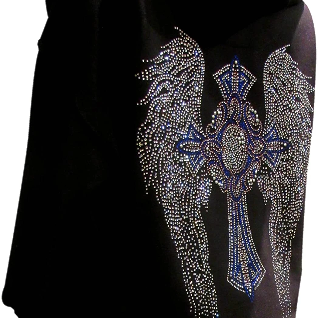 Multicolor Rhinestone Cross and Angel Wings Black Zipper Hoodie
