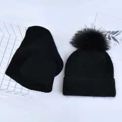 Оптовая продажа, зимняя шапка, шарф, наборы, роскошные женские шерстяные вязаные зимние шапки с помпоном из натурального меха