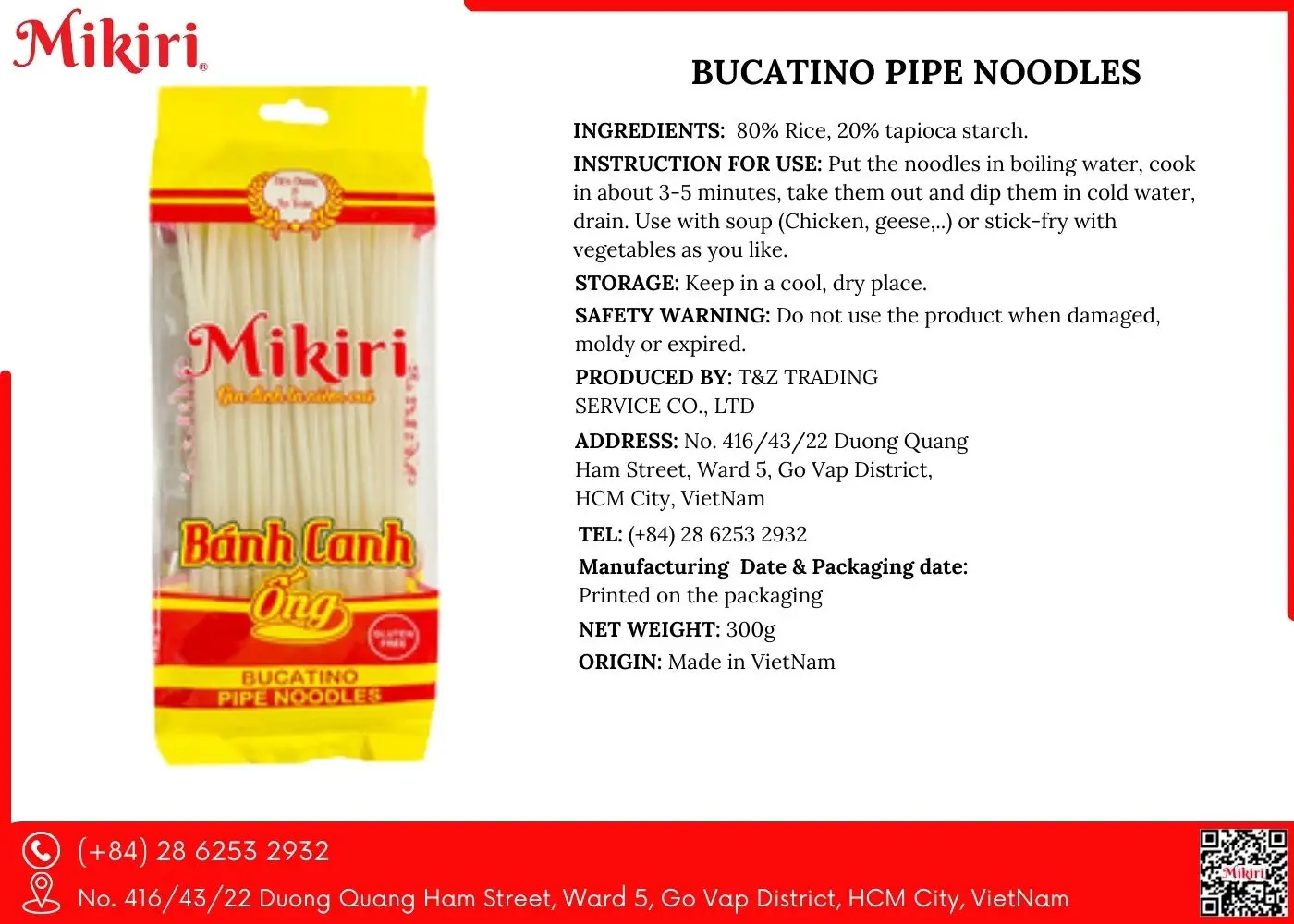 Product Quality Advance Bucatino Pipe Noodles Made in Viet Nam Ingredient Rice Flour 80% Dried Food Easy Cooking Date One Years