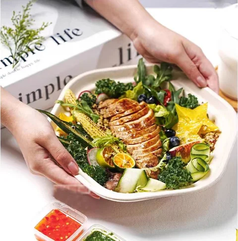 PFAS Free bagasse fiber disposable tableware take away food container lunch box 56oz hexagon salad bowl with lid