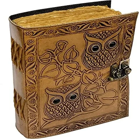 Leather Journal Owl Emboss With Black Stone Eye Journal Leather Notebook 220 Pages Handmade Deckle Edge Paper