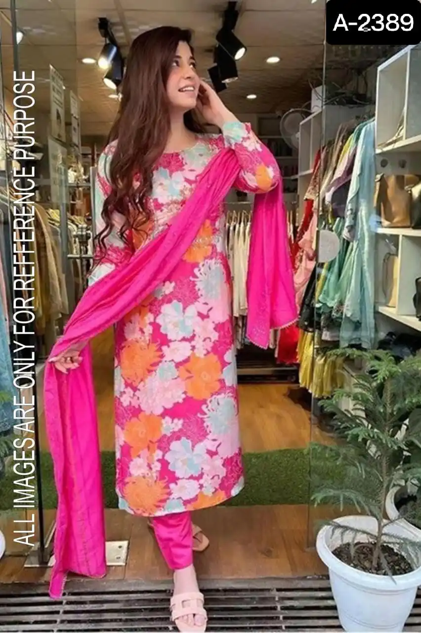 Indian  Heavy Mashin Silk with Complete Lining Fancy Digital Print and Nake Embroidery Design Work Kurtis with Bottom and Dupatt