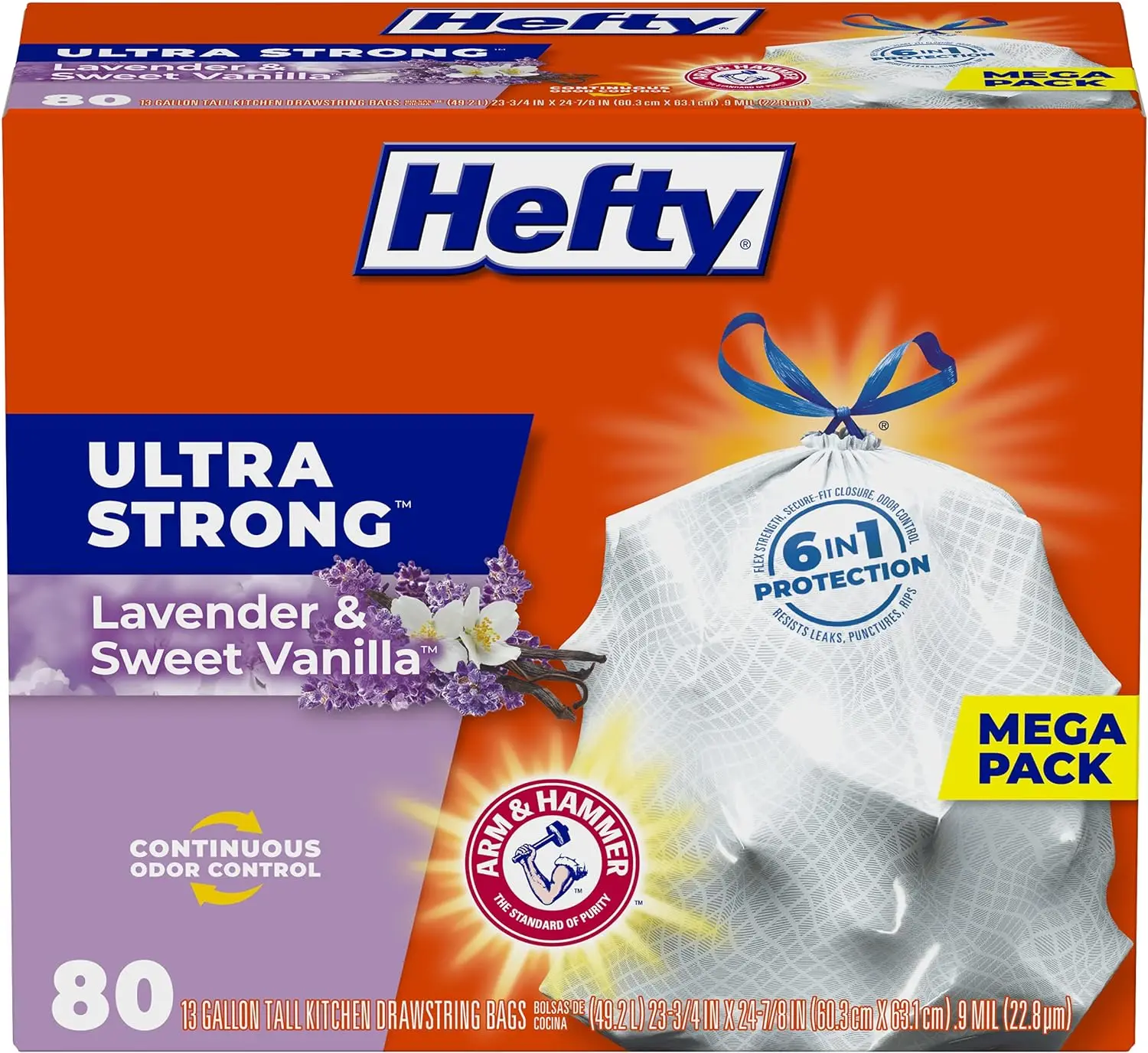 Ultra Strong 13 Gallon Trash Bags, Tall Kitchen Trash Bags, White, Lavender and Sweet Vanilla Scent, 80 Bags