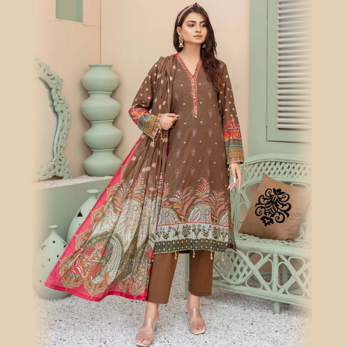 Wholesale 3 piece lawn salwar kameez women Indian pakistani in Light Brown Color Over Front Embroidery With Plain Trouser