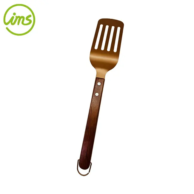 Grilling BBQ Carbon Steel Slotted Turner With Wooden Handle