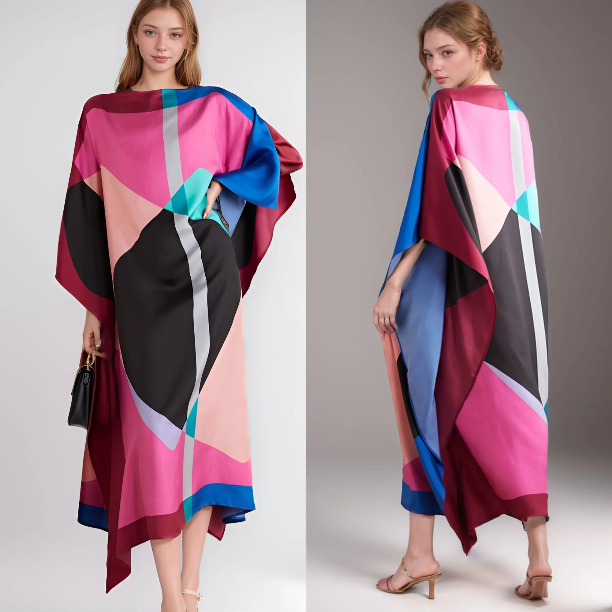 Colorful Geometric Abstract Pattern Boat Neck Silk Kaftan Top Dress - Luxe Feel and Eye-Catching Design