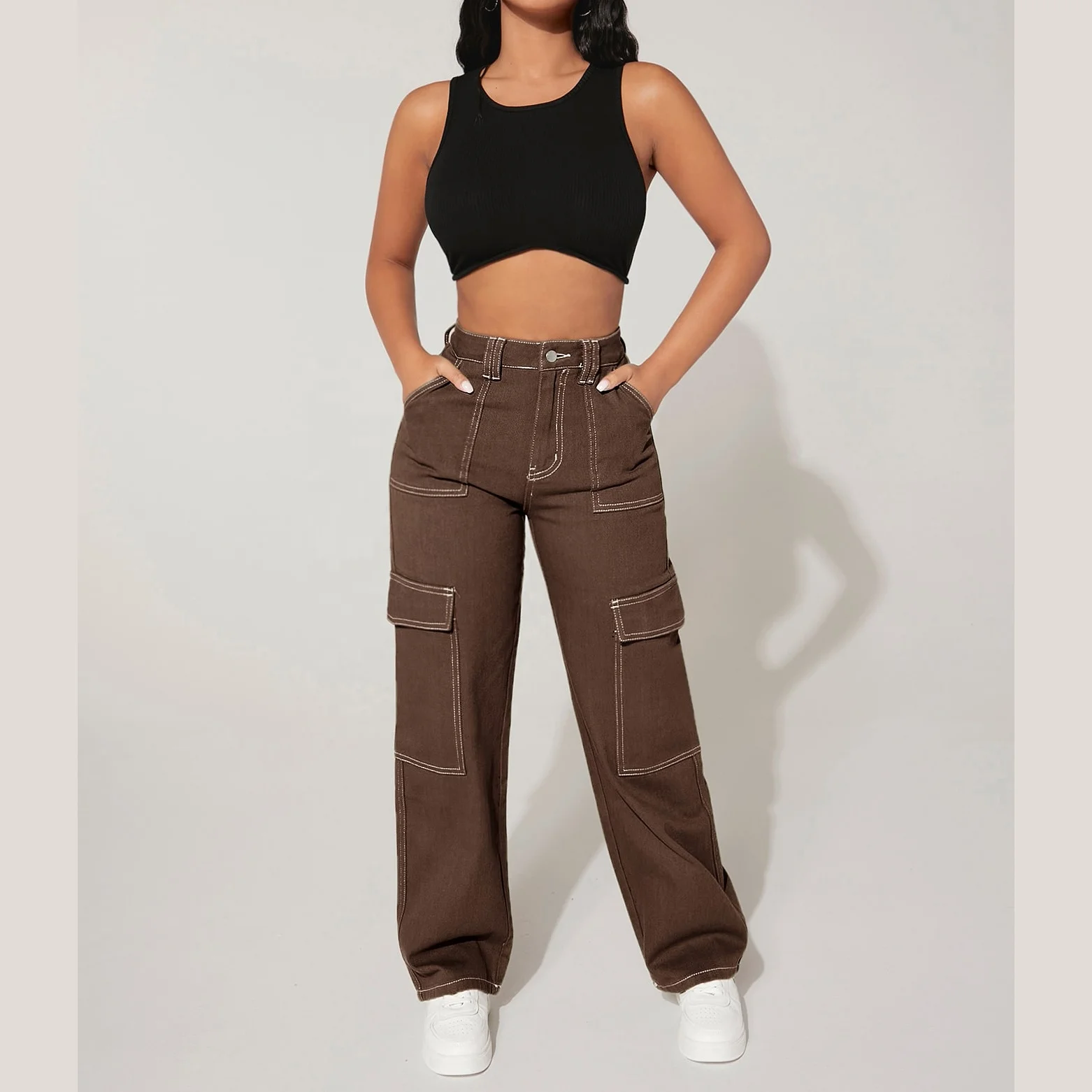 Light weight fashion ladies flap pocket low Wide waist trousers wholesale custom logo nylon cargo straight pants for women
