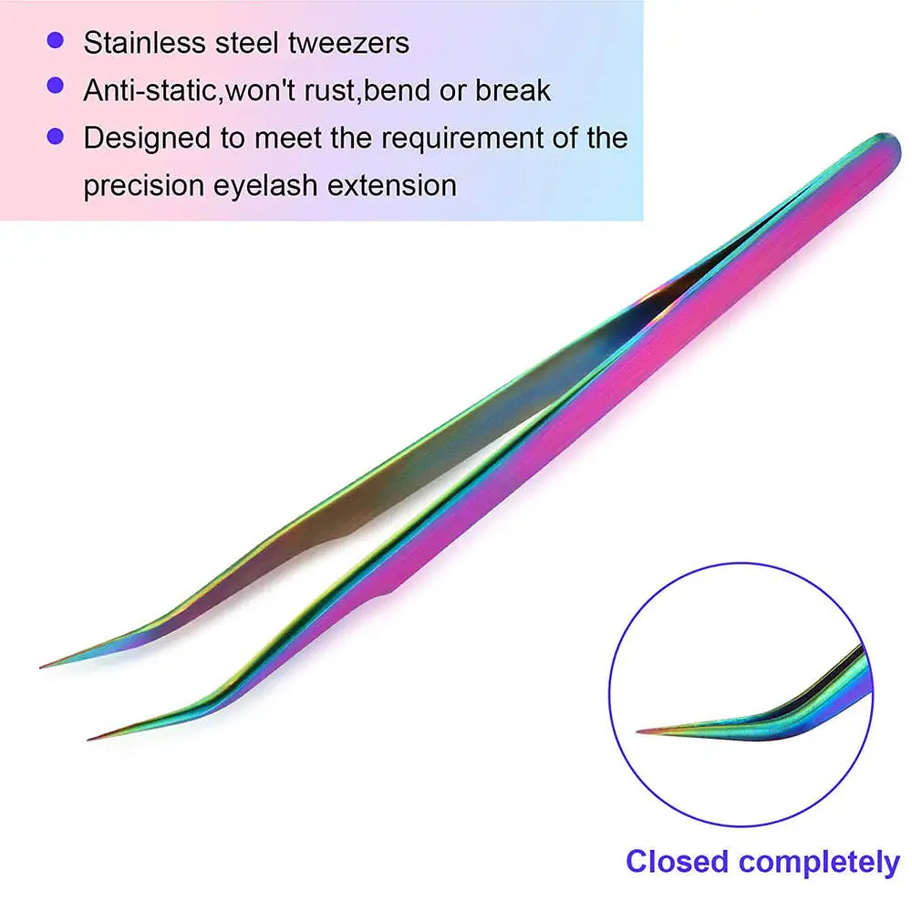 High Quality Stainless Steel Eyelash Tweezers Multi-Color Plasma Pointed 90 Degree Fiber Tip Private Labeled Beauty Applicator