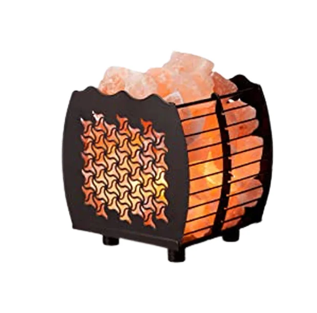 Original pink Natural Himalayan Salt Basket Lamp,Tall Round Metal Crystal Basket Lamp,Night Stand Light For Bedroom Decoration