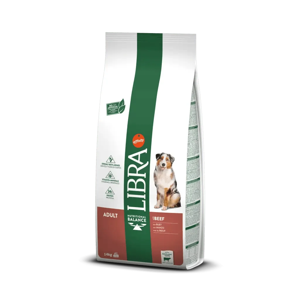LIBRA ADULT BUEY 14Kg Dog food Adult Beef Balanced nutrition High protein Strong teeth and bones Omega 6 Vitamins and minerals