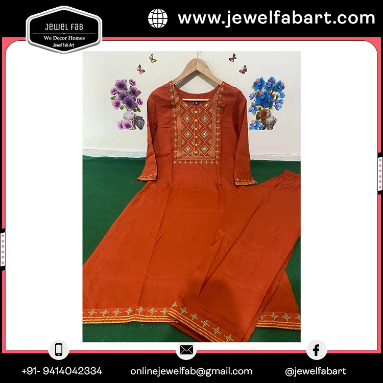 Latest Fashion Embroidered Cotton Kurta And Pant Set For Office Wear At Reasonable Price