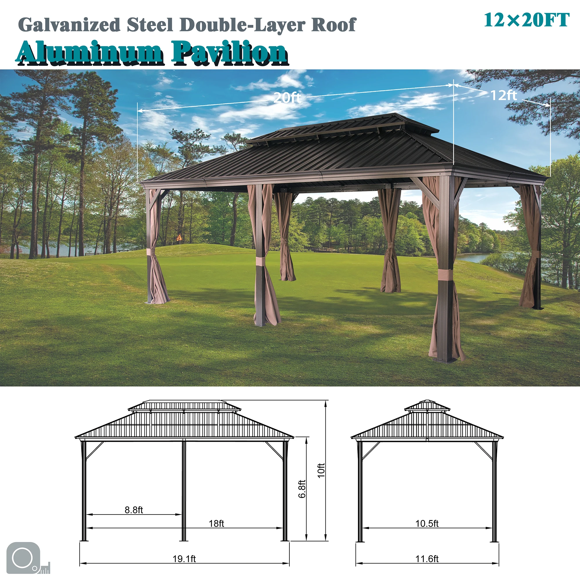 NOWENSOL 12 'x 20' беседка с твердым верхом двухслойная крыша из оцинкованной стали алюминиевый павильон со шторами и сетками